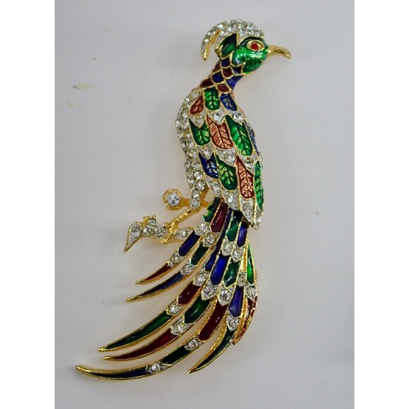Peacock Bird Of Paradise Brooch Pin Colorful Enamel & Crystals Gold Tone LG 3" - Picture 9 of 10